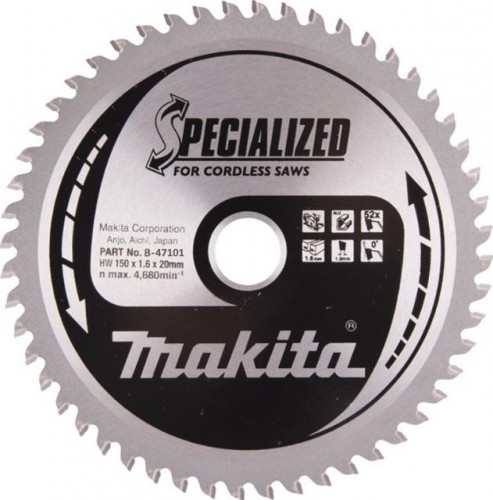 Пильный диск для аккумуляторных пил по алюминию 150X20X1.6X52T Makita B-47101 Пильный диск для аккумуляторных пил по алюминию 150X20X1.6X52T Makita B-47101