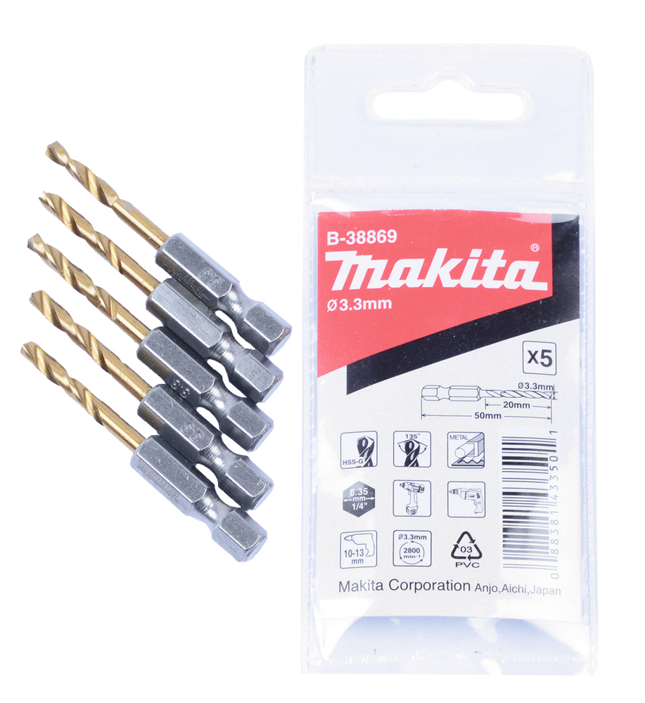 Набор сверл по металлу 1/4" 3.3x50 мм 5 шт Makita B-38869 Набор сверл по металлу 1/4" 3.3x50 мм 5 шт Makita B-38869