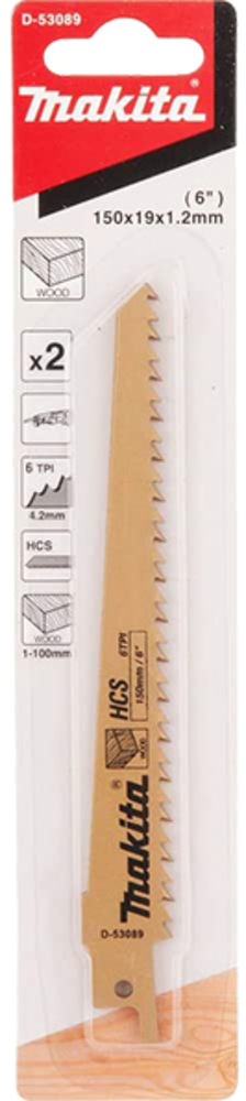 Полотно для сабельной пилы по дереву 150x1,2x6TPI, 2 шт. Makita D-53089 Полотно для сабельной пилы по дереву 150x1,2x6TPI, 2 шт. Makita D-53089