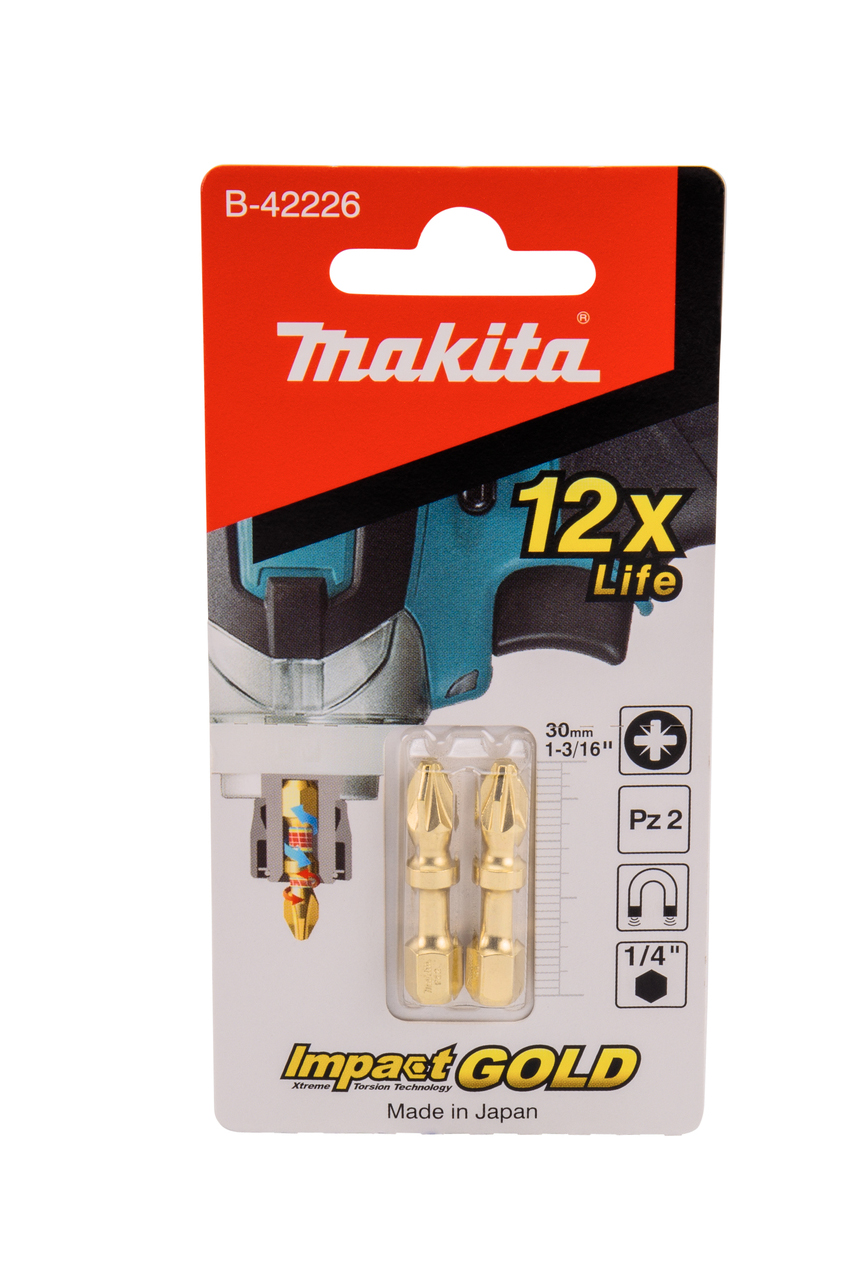 Бита Impact Gold Shorton Double Torsion PZ2, 30 мм, E-form (MZ), 2 шт Makita B-42226