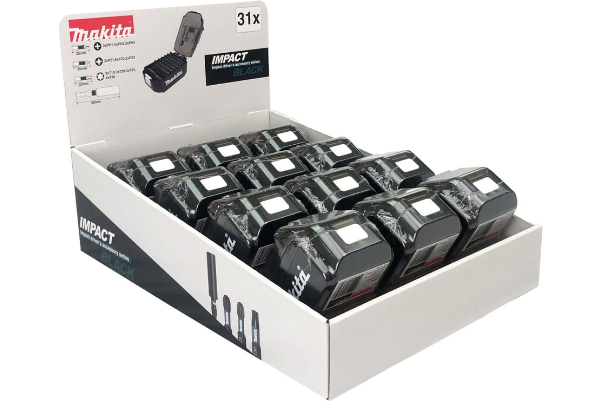 Набор бит 31 шт 25 мм + держатель impact black (12 наборов E-03084) Makita E-03090