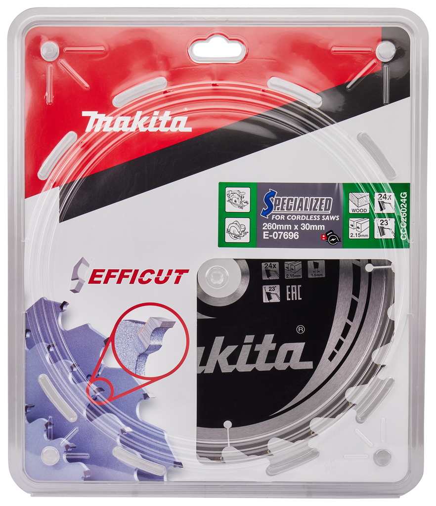 Пильный диск для аккумуляторных пил по дереву EFFICUT 260X30X1.5X24T Makita E-07696
