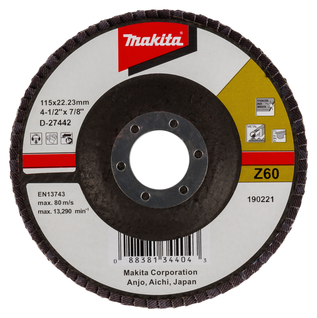 Лепестковый шлифовальный диск Z60, 115 мм, стекловолокно, угловой Makita D-27442 Лепестковый шлифовальный диск Z60, 115 мм, стекловолокно, угловой Makita D-27442