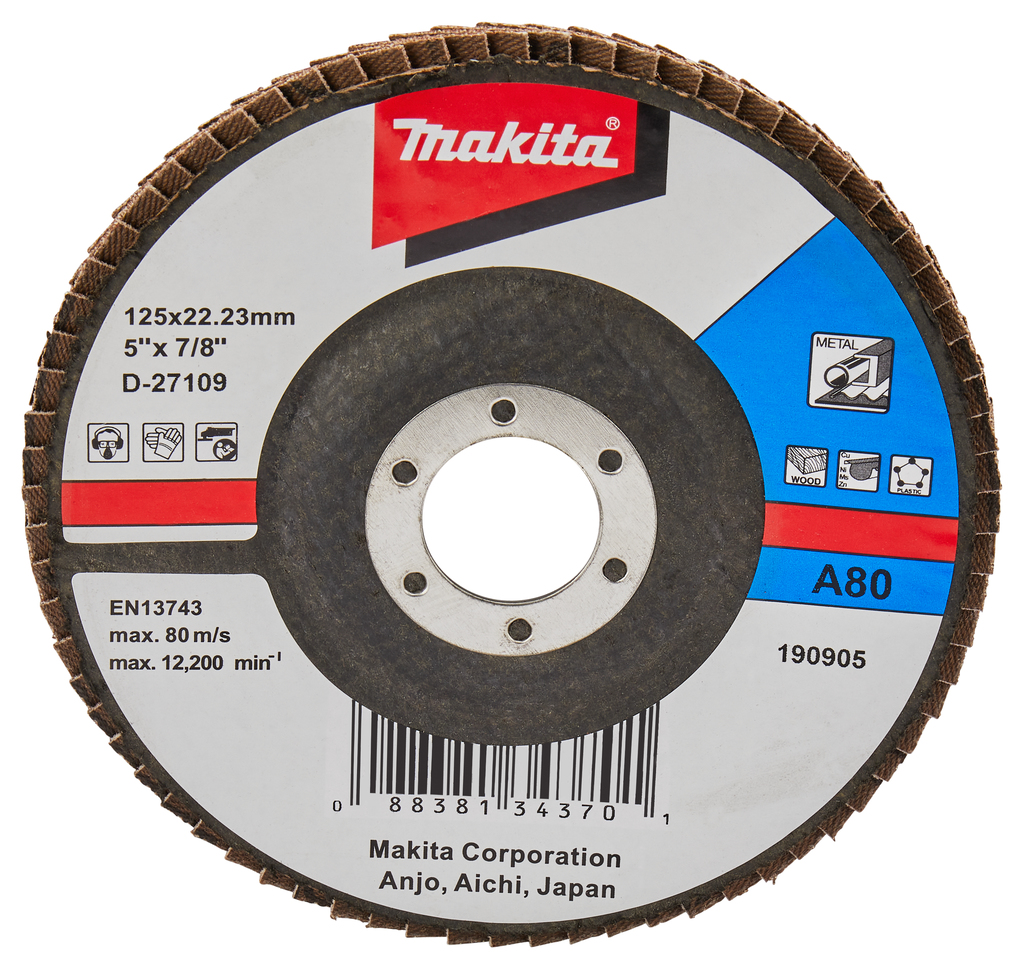 Лепестковый шлифовальный диск А80, 125 мм, стекловолокно, угловой Makita D-27109 Лепестковый шлифовальный диск А80, 125 мм, стекловолокно, угловой Makita D-27109