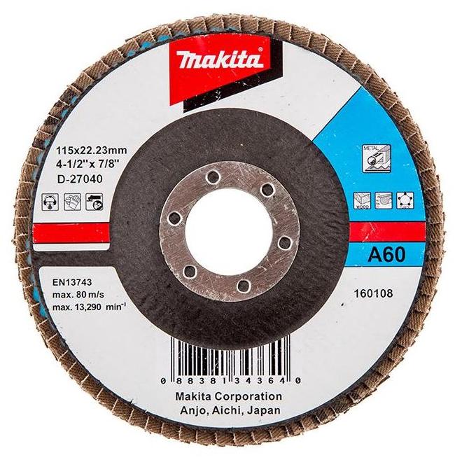 Лепестковый шлифовальный диск А60, 115 мм, стекловолокно, угловой Makita D-27040 Лепестковый шлифовальный диск А60, 115 мм, стекловолокно, угловой Makita D-27040