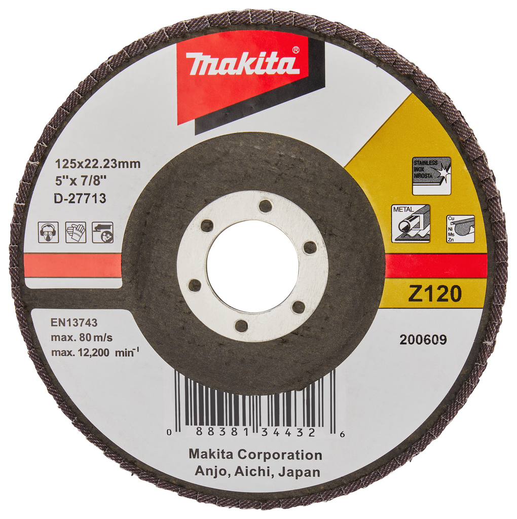 Лепестковый шлифовальный диск Z120, 125 мм, стекловолокно, плоский Makita D-27713 Лепестковый шлифовальный диск Z120, 125 мм, стекловолокно, плоский Makita D-27713