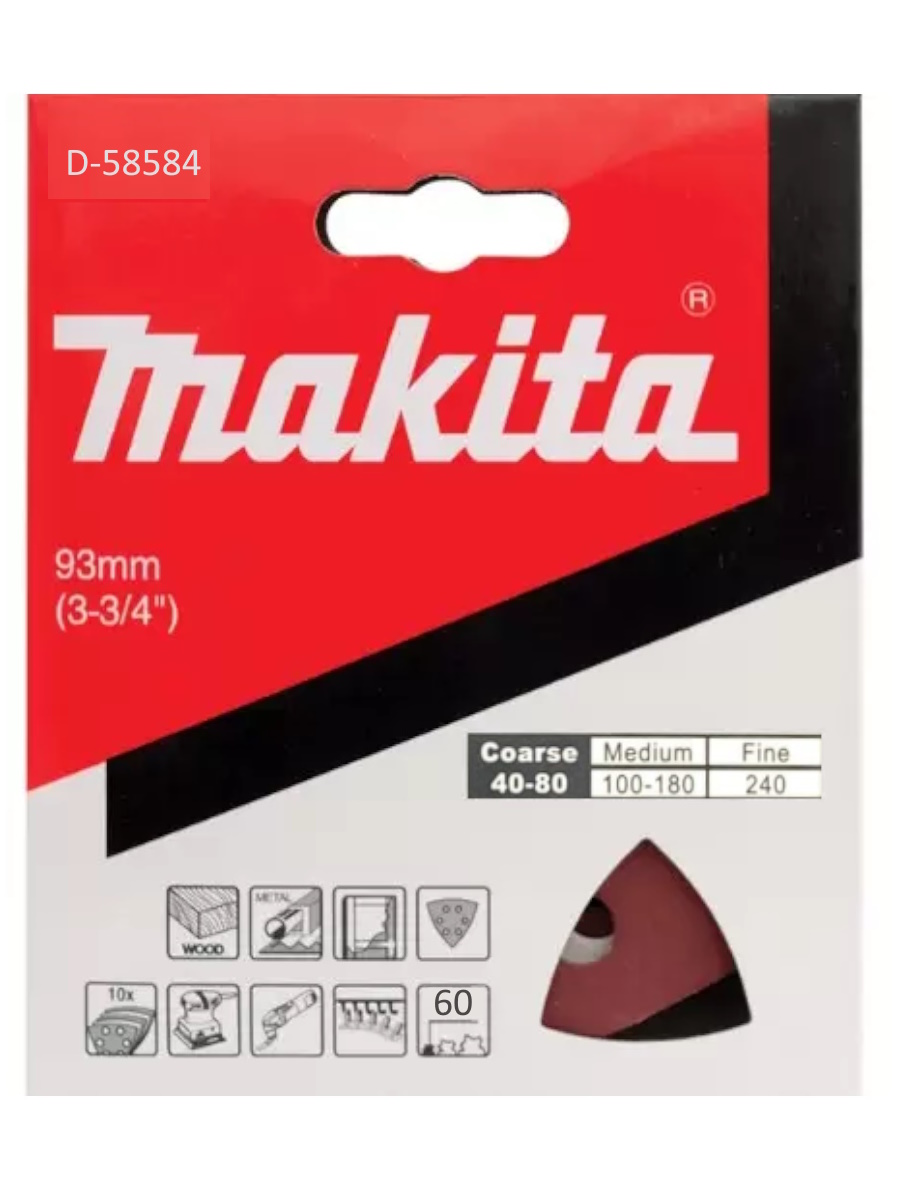 Бумага шлифовальная треугольная на липучке 94 мм, A60, 10 шт. Makita D-58584
