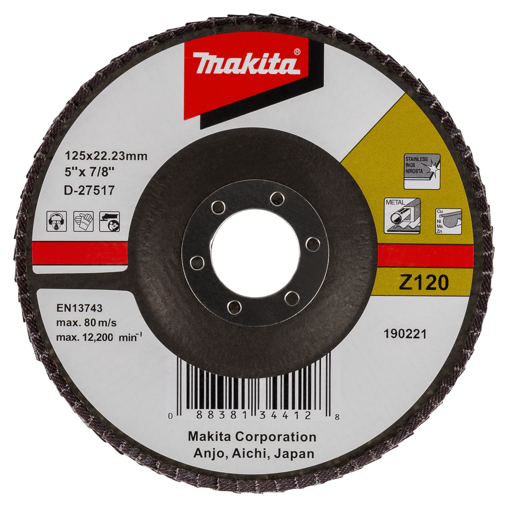 Лепестковый шлифовальный диск Z120, 125 мм, стекловолокно, угловой Makita D-27517 Лепестковый шлифовальный диск Z120, 125 мм, стекловолокно, угловой Makita D-27517