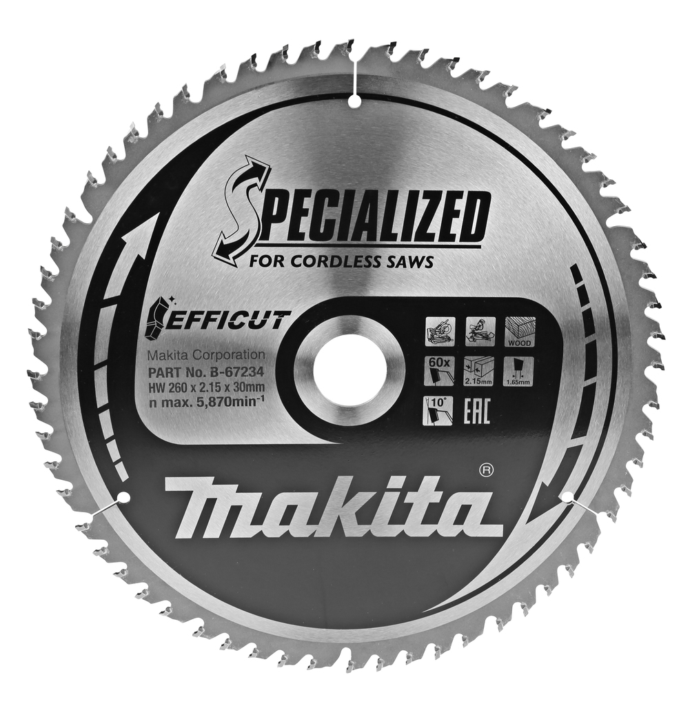 Пильный диск для аккумуляторных пил по дереву EFFICUT 260X30X1.65X60T Makita B-67234