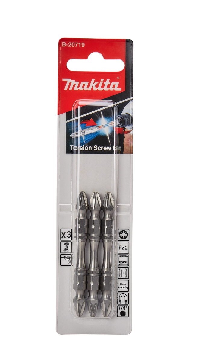 Биты двусторонние Silver Torsion PZ2, 65 мм, E-form 3 шт Makita B-20719