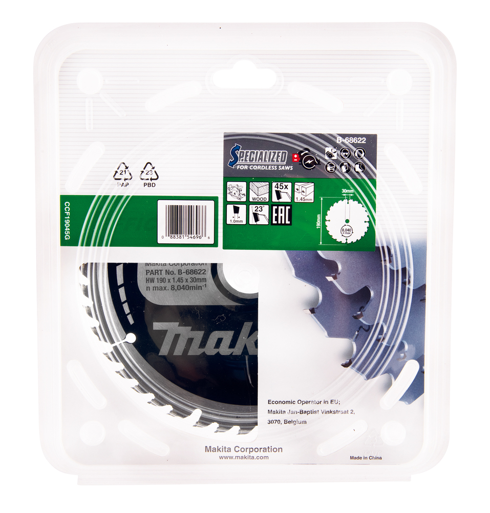 Пильный диск для аккумуляторных пил по дереву EFFICUT 190X30X1.0X45T Makita B-68622