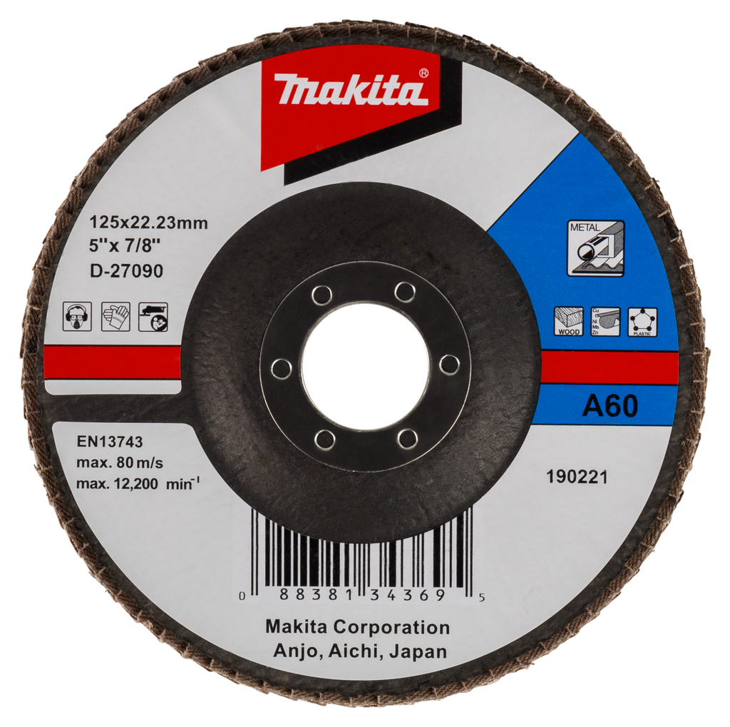 Лепестковый шлифовальный диск А60, 125 мм, стекловолокно, угловой Makita D-27090 Лепестковый шлифовальный диск А60, 125 мм, стекловолокно, угловой Makita D-27090