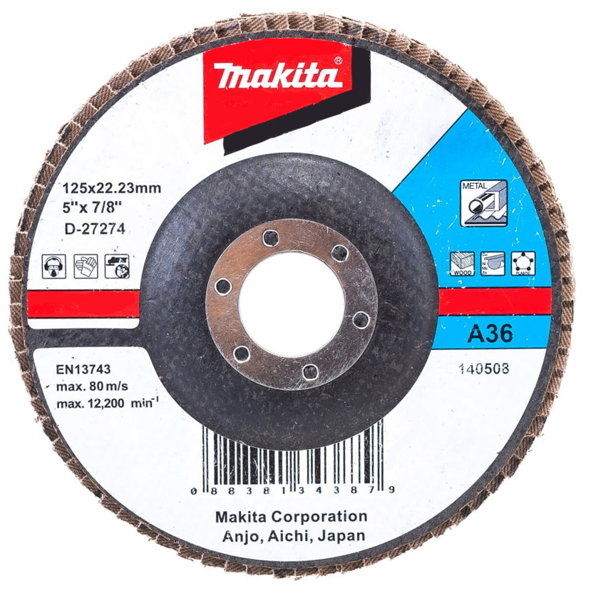 Лепестковый шлифовальный диск А36, 125 мм, стекловолокно, плоский Makita D-27274 Лепестковый шлифовальный диск А36, 125 мм, стекловолокно, плоский Makita D-27274