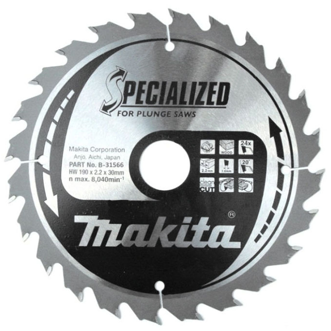 Пильный диск для погружных пил по дереву 190X30X1.6X24T Makita B-31566