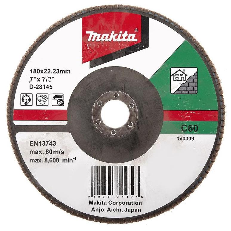 Лепестковый шлифовальный диск C60, 180 мм, стекловолокно, плоский Makita D-28145 Лепестковый шлифовальный диск C60, 180 мм, стекловолокно, плоский Makita D-28145