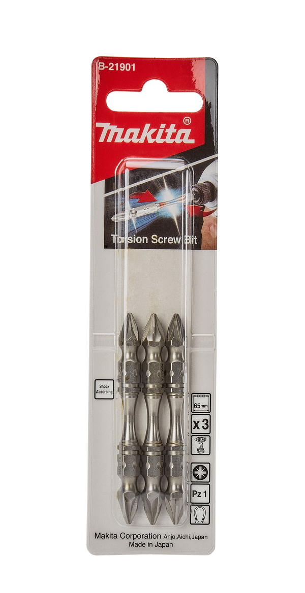 Биты двусторонние Silver Torsion PZ1, 65 мм, E-form (MZ), 3 шт Makita B-21901
