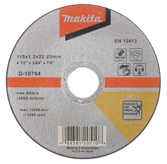 Абразивный отрезной диск для нержавеющей стали плоский 115x1x22,23 мм Makita D-18764 Абразивный отрезной диск для нержавеющей стали плоский 115x1x22,23 мм Makita D-18764