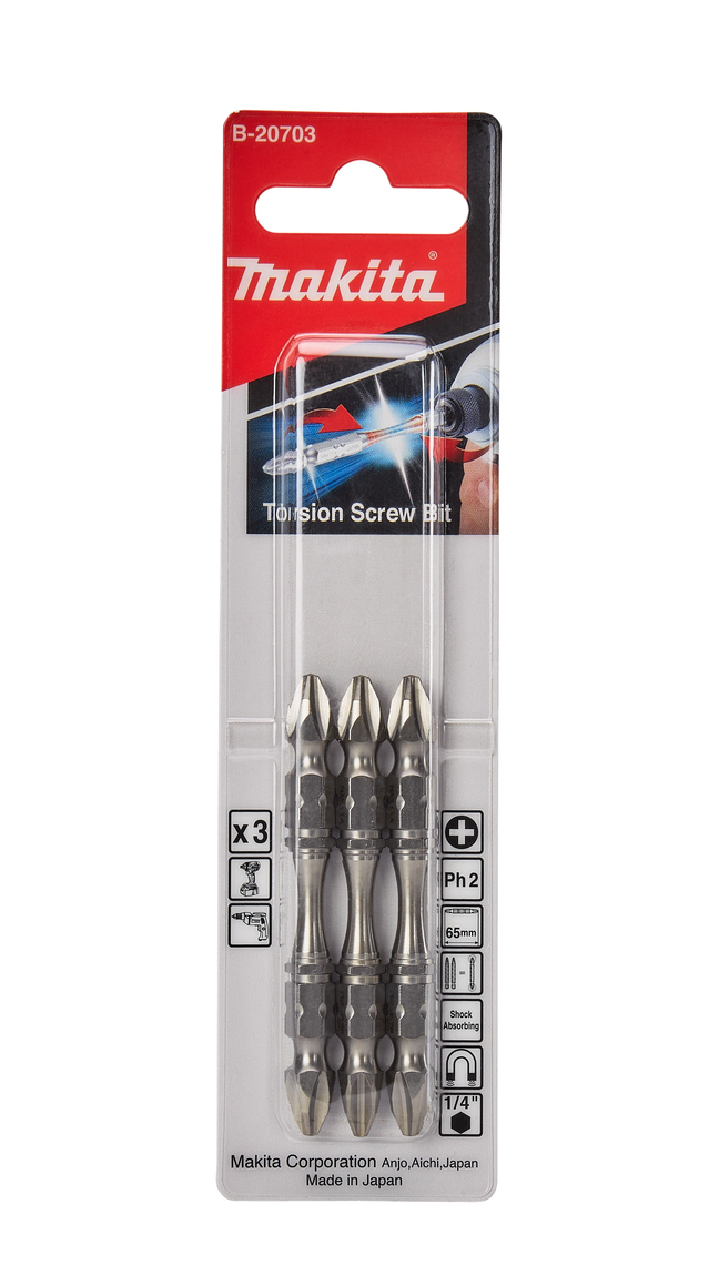 Бита Phillips двусторонняя Silver Torsion PH2, 65 мм, E-form 3 шт Makita B-20703