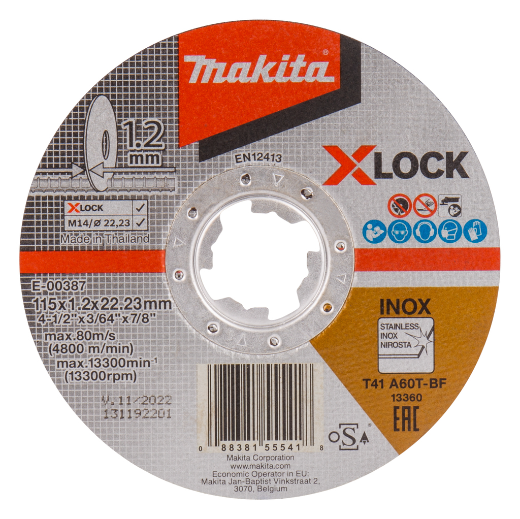 Абразивный отрезной диск X-LOCK для стали плоский А60T, 115х1.2х22.23 Makita E-00387 Абразивный отрезной диск X-LOCK для стали плоский А60T, 115х1.2х22.23 Makita E-00387
