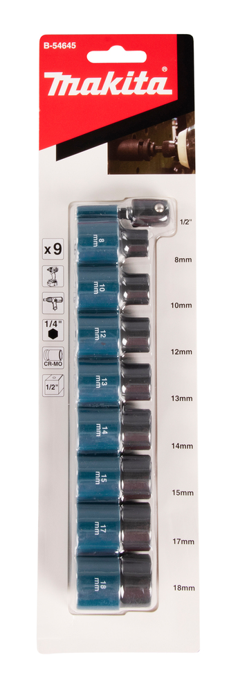 Набор торцовых головок 1/2" 8 шт для гайковерта + адаптер для impact Makita B-54645
