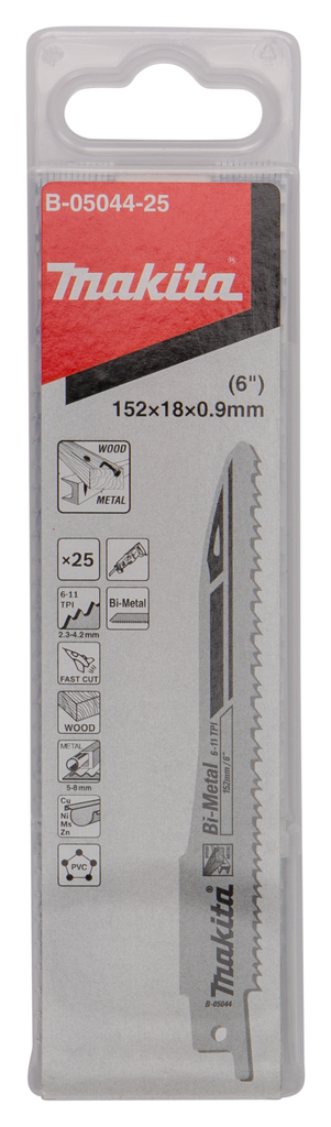 Сабельная пилка Super Express для дерева с гвоздями/металла 152х0,9х6-11TPI, 25 шт Makita B-05044-25