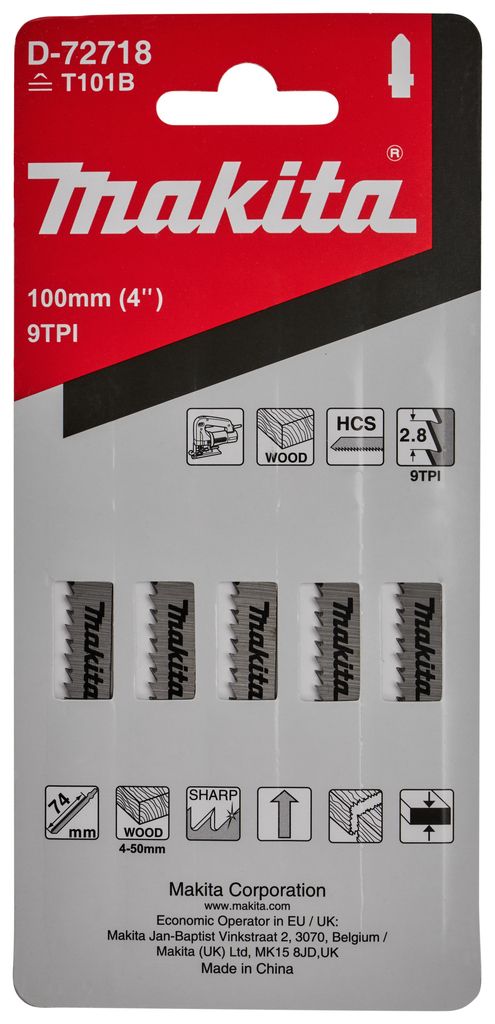 Пилки по дереву для лобзика (чистый рез) 100х1.2х9TPI, 5 шт. Makita D-72718 Пилки по дереву для лобзика (чистый рез) 100х1.2х9TPI, 5 шт. Makita D-72718