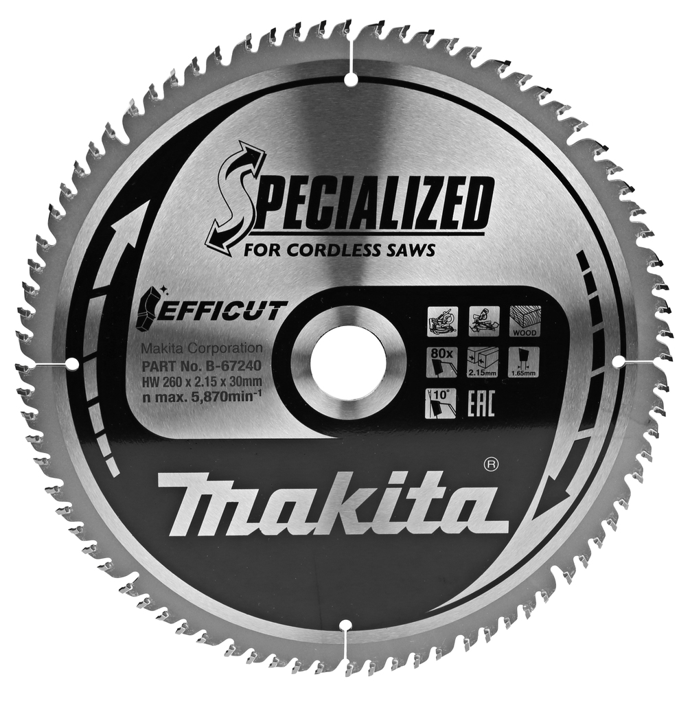 Пильный диск для аккумуляторных пил по дереву EFFICUT 260X30X1.65X80T Makita B-67240