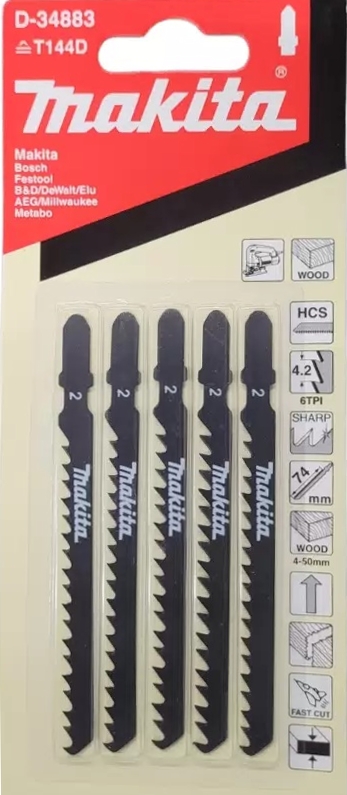 Пилки для лобзика по дереву, быстрый рез 100х1.2х6TPI, 5 шт. Makita D-34883 Пилки для лобзика по дереву, быстрый рез 100х1.2х6TPI, 5 шт. Makita D-34883