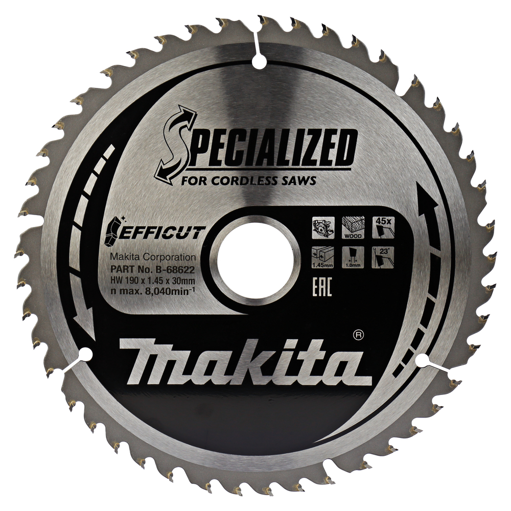 Пильный диск для аккумуляторных пил по дереву EFFICUT 190X30X1.0X45T Makita B-68622