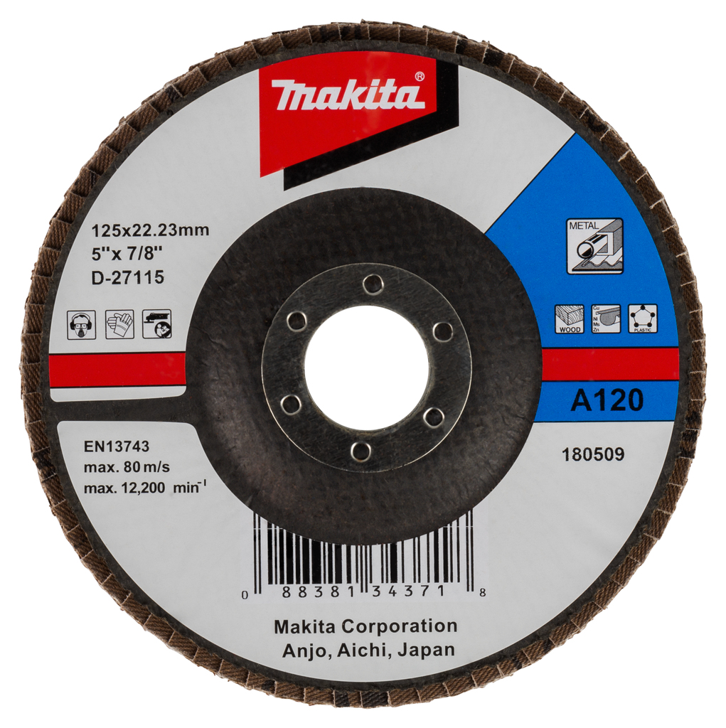 Лепестковый шлифовальный диск А120, 125 мм, стекловолокно, угловой Makita D-27115 Лепестковый шлифовальный диск А120, 125 мм, стекловолокно, угловой Makita D-27115