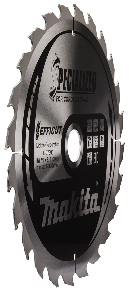 Пильный диск для аккумуляторных пил по дереву EFFICUT 260X30X1.5X24T Makita E-07696