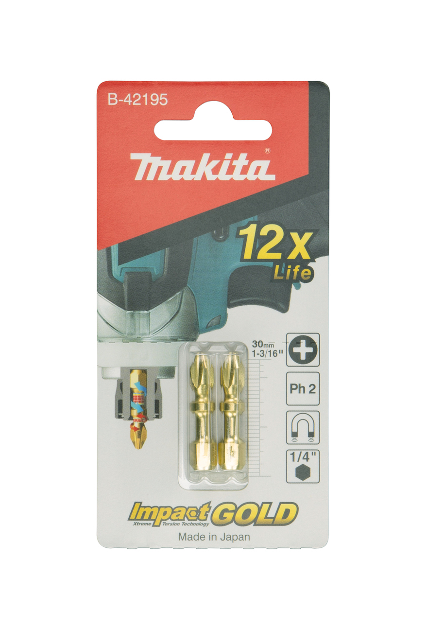 Бита Impact Gold Shorton Double Torsion PH2, 30 мм, E-form (MZ), 2 шт Makita B-42195