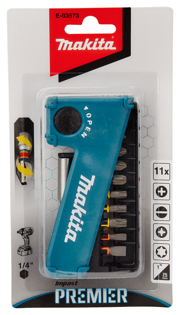 Набор ударных бит Impact Premier 25 мм 11 шт (PH, PZ, TORX, SL) + держатель Makita E-03573
