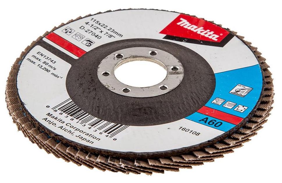 Лепестковый шлифовальный диск А60, 115 мм, стекловолокно, угловой Makita D-27040