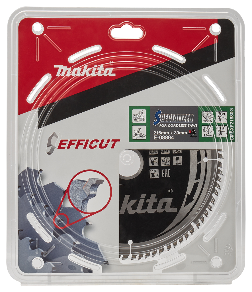 Пильный диск для аккумуляторных пил по дереву EFFICUT 216X30X1.5X80T Makita E-08894