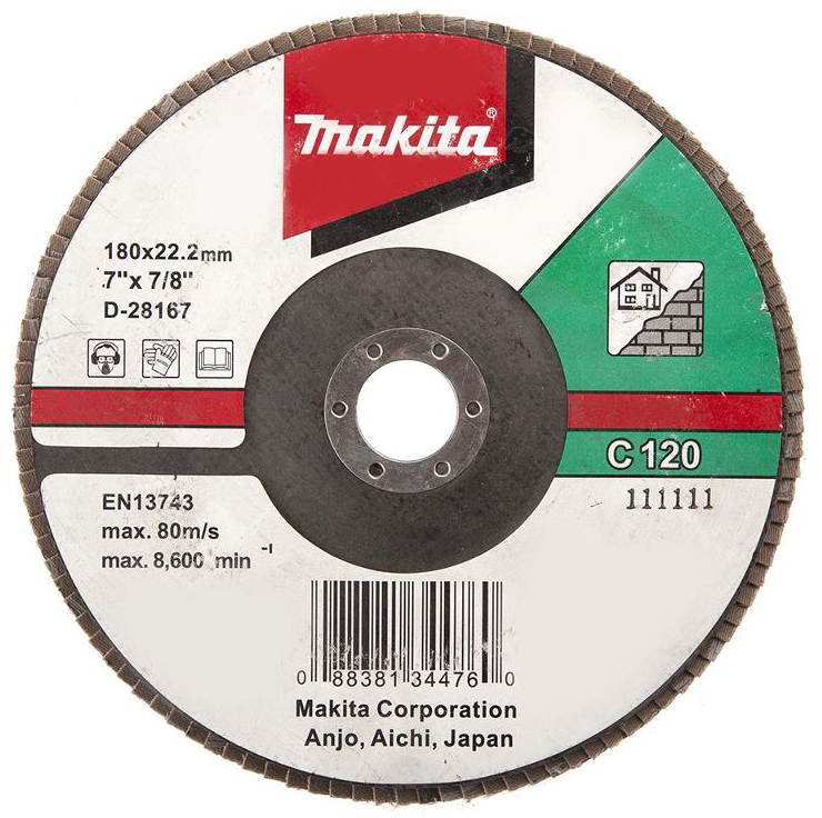 Лепестковый шлифовальный диск C120, 180 мм, стекловолокно, плоский Makita D-28167 Лепестковый шлифовальный диск C120, 180 мм, стекловолокно, плоский Makita D-28167
