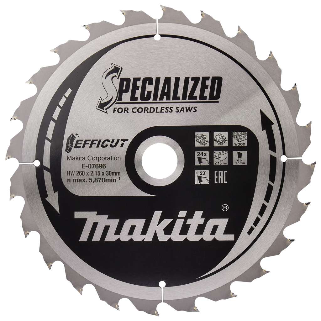 Пильный диск для аккумуляторных пил по дереву EFFICUT 260X30X1.5X24T Makita E-07696