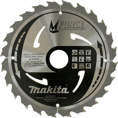 Пильный диск для дерева 190X30/20/15.88X1.2X24T M-FORCE Makita B-31273 Пильный диск для дерева 190X30/20/15.88X1.2X24T M-FORCE Makita B-31273