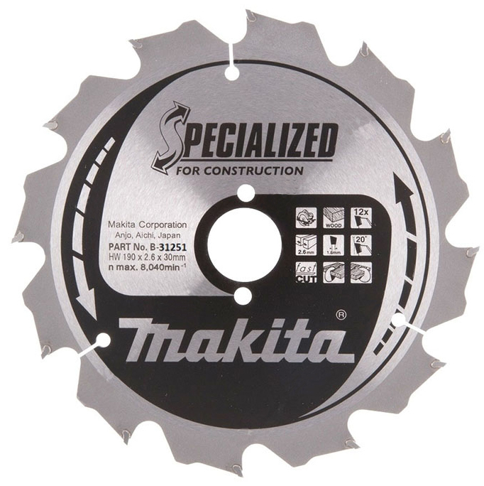 Пильный диск для строительных работ 190X30X1.6X12T Makita B-31251