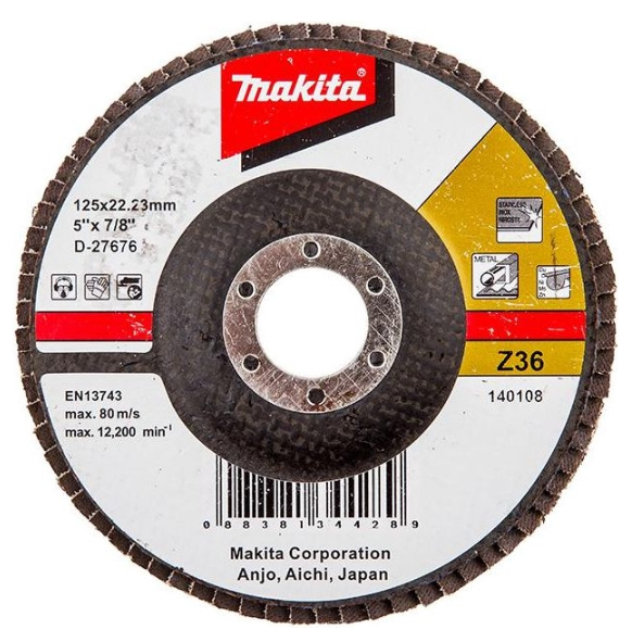 Лепестковый шлифовальный диск Z36, 125 мм, стекловолокно, плоский Makita D-27676 Лепестковый шлифовальный диск Z36, 125 мм, стекловолокно, плоский Makita D-27676